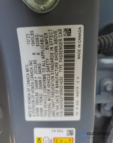2024 Honda Civic Sport from USA, damaged, VIN 2HGFE2F56RH514293